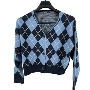 Argyle Cardigan Sweater Women 1XL Blue Navy Academia Retro Preppy Button Front